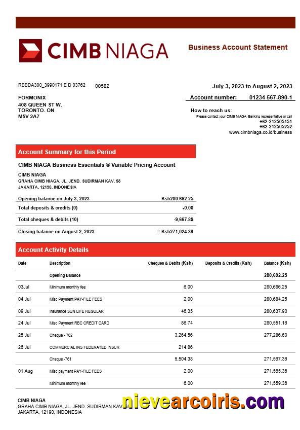 CIMB Niaga Bank business checking account statement